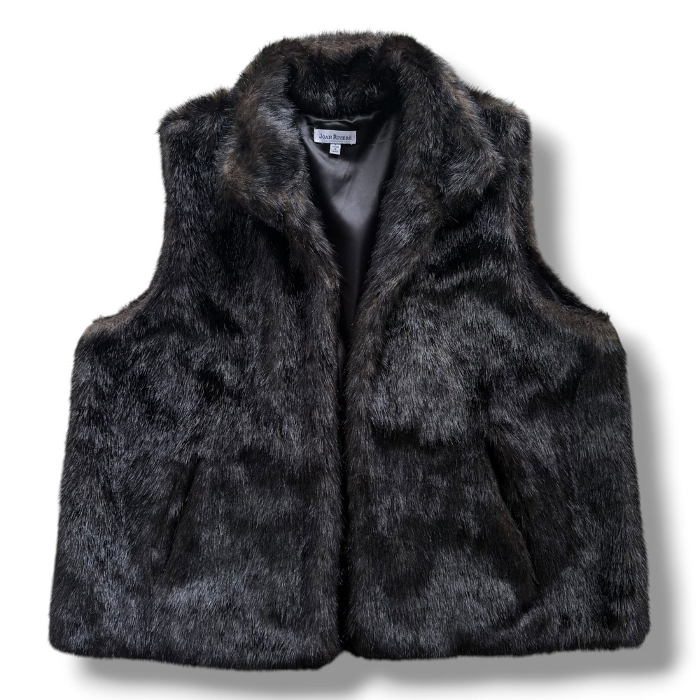 Joan Rivers Women's Lg Dark Brown Faux Fur Stand Collar Pockets Vest Y2K Mobwife